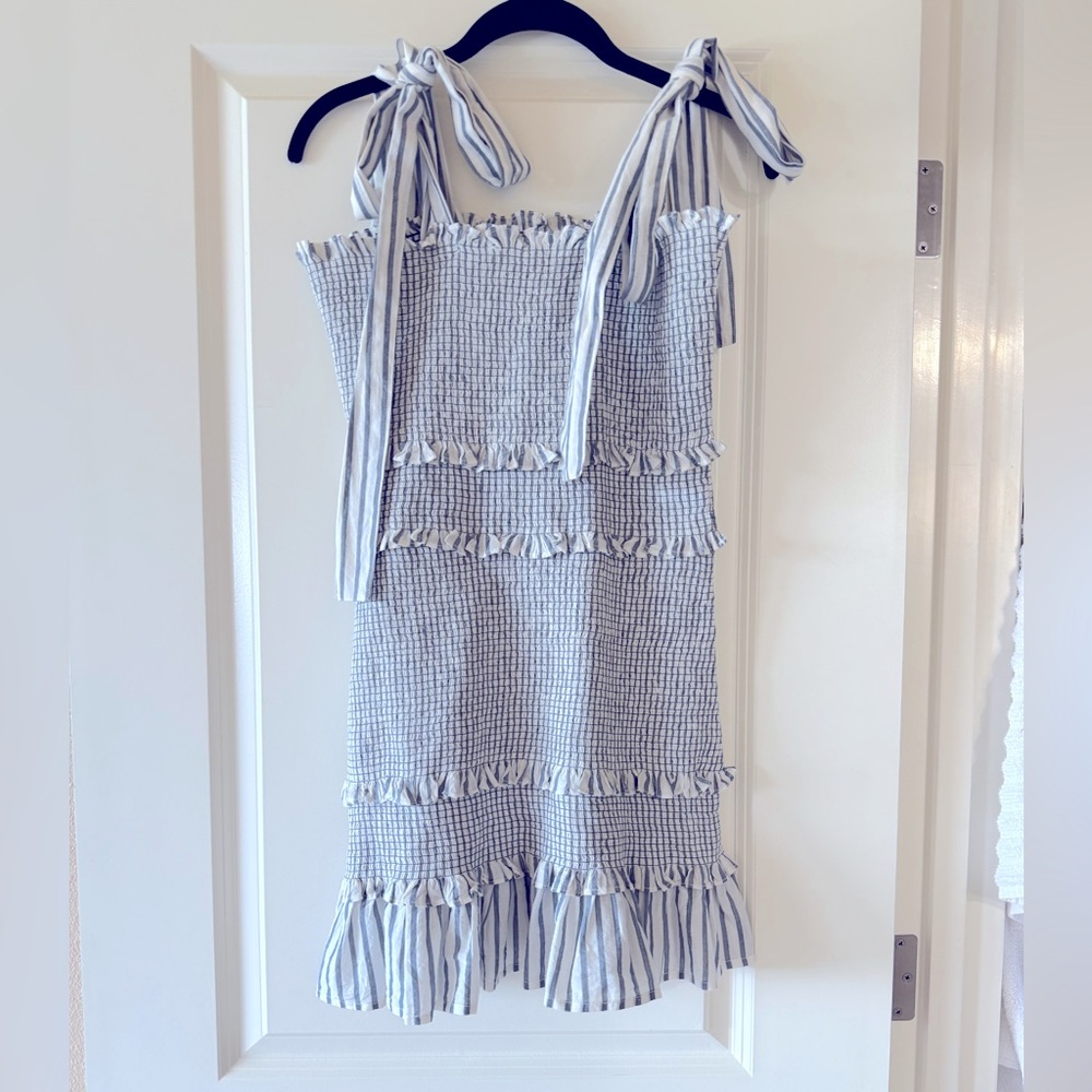 Loveshackfancy Belle Mini Dress Stripe Grey Tie Shoulder Medium